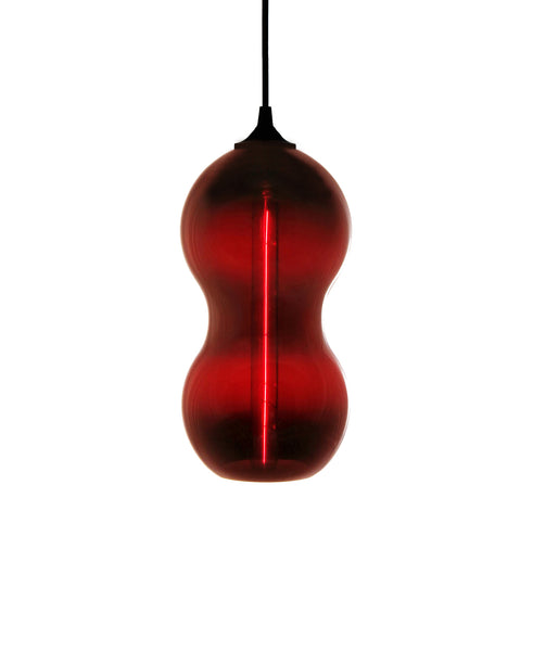 Curvaceous hand blown glass pendant lamp in ruby red