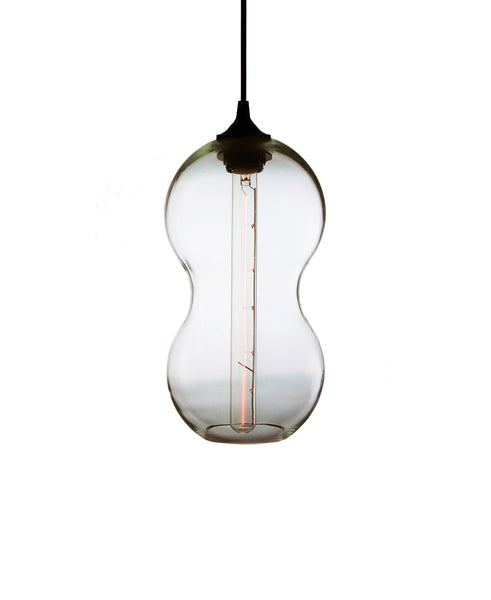 Curvaceous hand blown transparent glass pendant lamp.