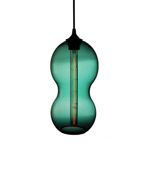 Curvaceous hand blown glass pendant lamp in turquoise
