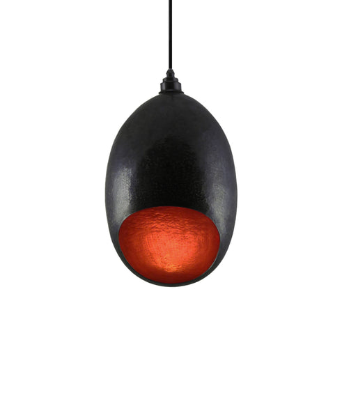 Modern hand made large Cocoon shaped copper pendant lamp in a charcoal gray copper patina
