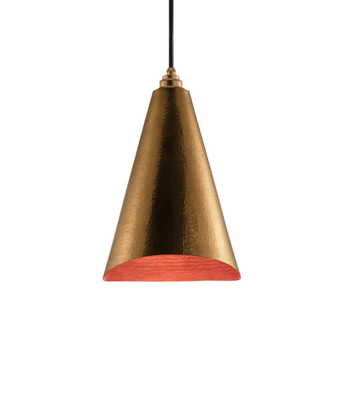 Modern hand made Cone shaped copper pendant lamp in a gold copper patina