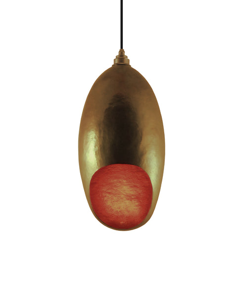 Modern hand made large Cocoon shaped copper pendant lamp in a golden copper patina