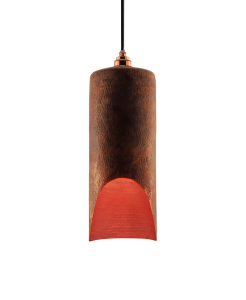 Modern hand made large cylindrial shaped copper pendant lamp in a recycled natural copper finish