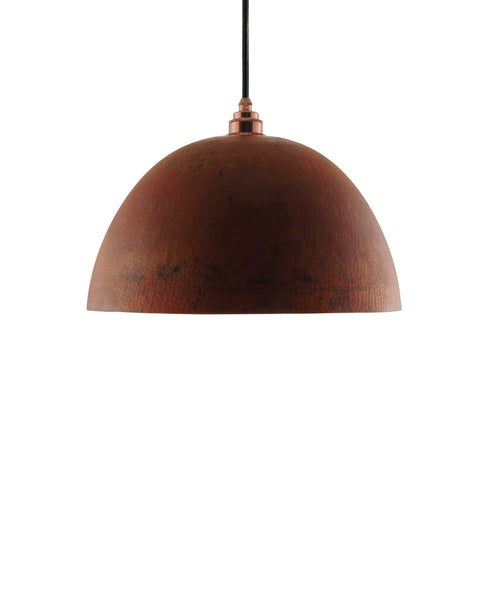 Modern hemisphere shaped hand made copper pendant lamp with a contemporary warm brown finish
