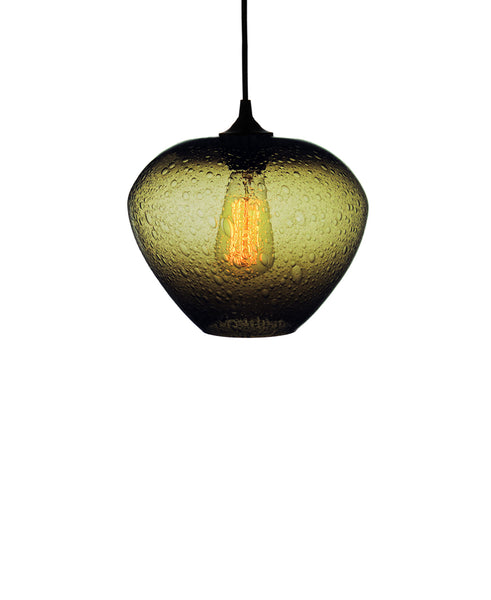rounded hand blown glass pendant lamp in warm olive
