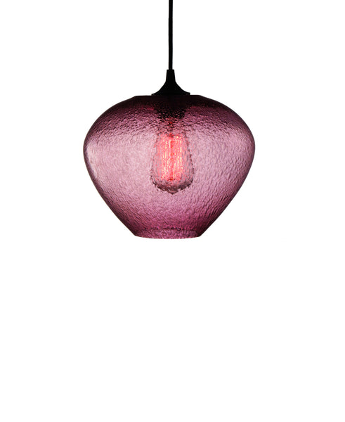 rounded hand blown glass pendant lamp in striking purple