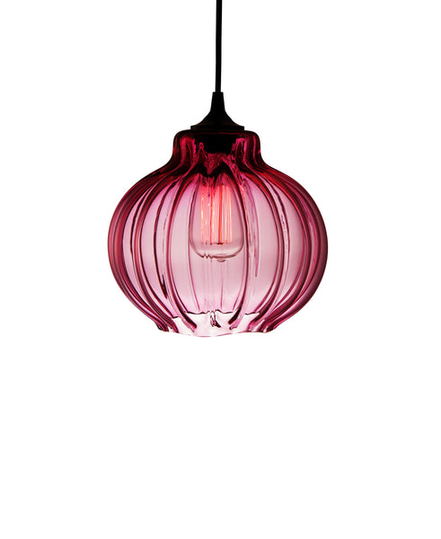 Ribbed handblown modern glass pendant lamp in luscious sexy pink