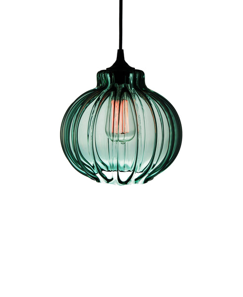 Ribbed handblown modern glass pendant lamp in tranquil turquoise