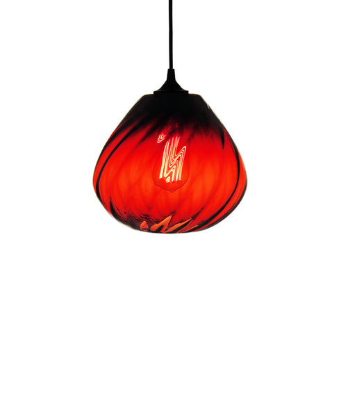 Patterned contemporary hand blown glass pendant lamp in seductive ruby red