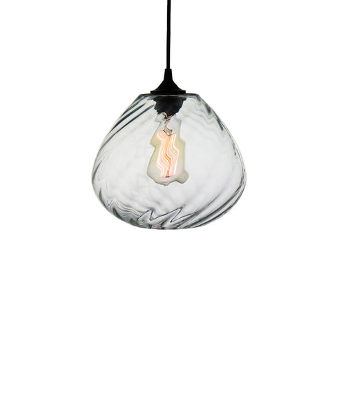 Patterned contemporary hand blown glass pendant lamp in seductive transparent glass
