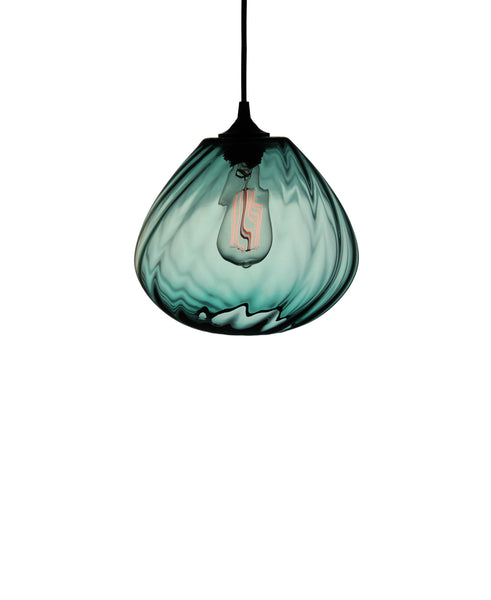 Patterned contemporary hand blown glass pendant lamp in tranquil turquoise