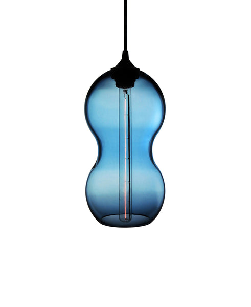 Curvaceous hand blown glass pendant lamp in blue 