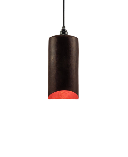 Modern hand made small cylindrial shaped copper pendant lamp in a warm brown copper patina finish