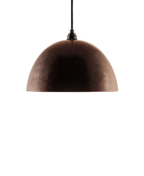 Modern hemisphere shaped hand made copper pendant lamp with a contemporary natural recycled finish.