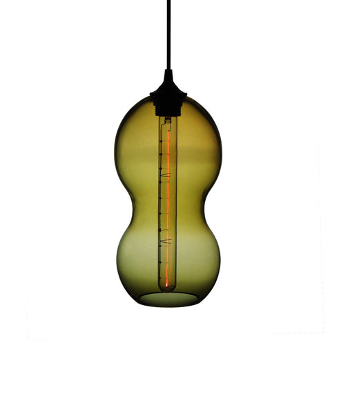 Curvaceous hand blown glass pendant lamp in warm olive