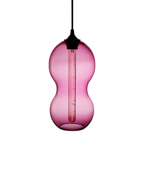 Curvaceous hand blown glass pendant lamp in pink