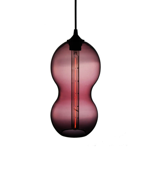 Curvaceous hand blown glass pendant lamp in purple