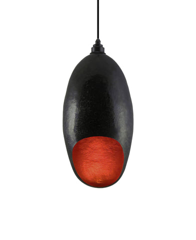 Modern hand made large Cocoon shaped copper pendant lamp in a charcoal gray copper patina