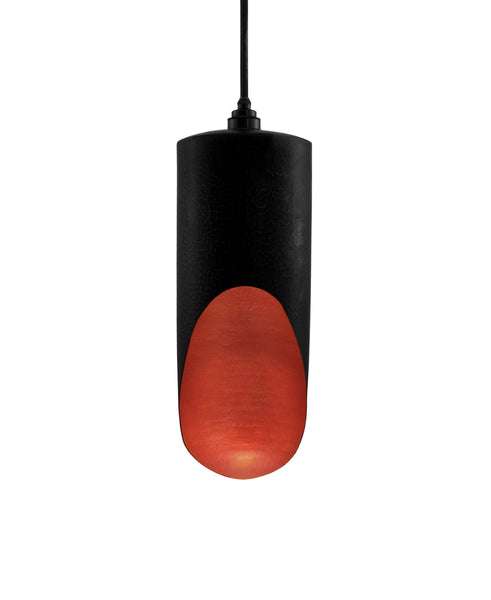 Modern hand made medium cylinder shaped copper pendant lamp in a charcoal gray patina finish