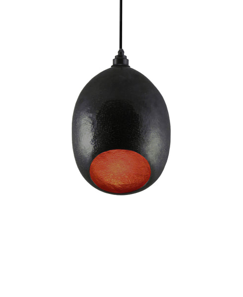 Modern hand made Small Cocoon shaped copper pendant lamp in a charcoal grayr patina