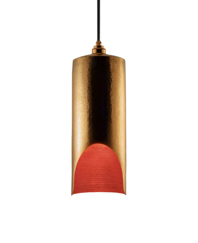 Modern hand made large cylindrial shaped copper pendant lamp in a gold copper patina finish