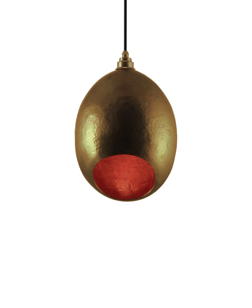 Modern hand made Small Cocoon shaped copper pendant lamp in a Gold copper patina