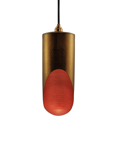 Modern hand made Medium cylinder shaped copper pendant lamp in a gold copper patina finish