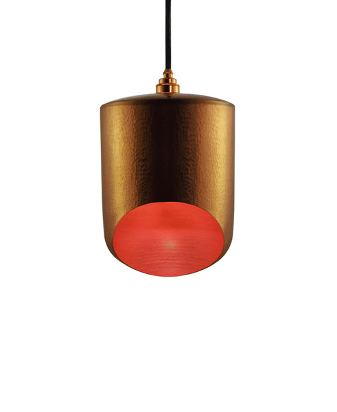 Modern hand made small cylinder shaped copper pendant lamp in a gold copper patina finish
