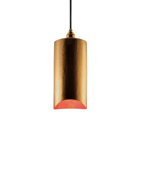Modern hand made small cylindrial shaped copper pendant lamp in a gold copper patina finish