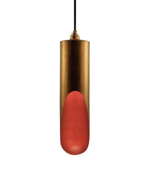 Modern hand made large cylindrial shaped copper pendant lamp in a gold copper patina finish