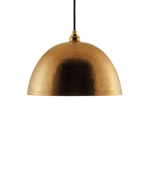 Modern hemisphere shaped hand made copper pendant lamp with a contemporary gold copper finish