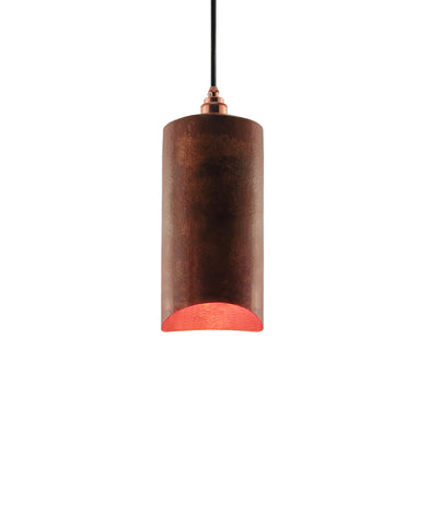 Modern hand made small cylindrial shaped copper pendant lamp in a recycled natural copper finish