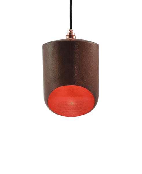 Modern hand made small cylinder shaped copper pendant lamp in natural recycled copper finish