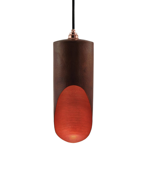 Modern hand made Medium cylinder shaped copper pendant lamp in a natural recycled copper finish