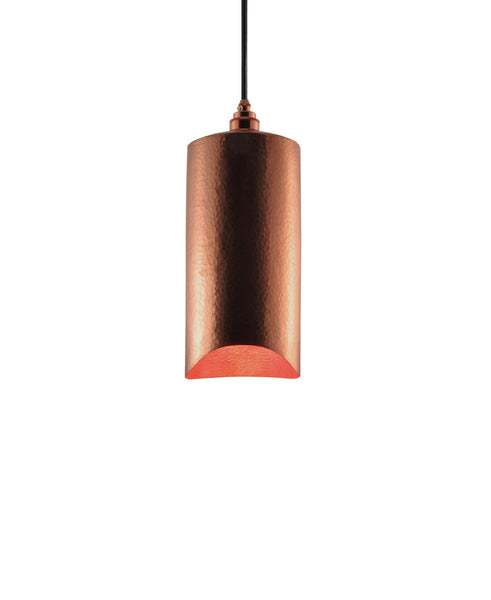 Modern hand made small cylindrial shaped copper pendant lamp in a polished copper finish