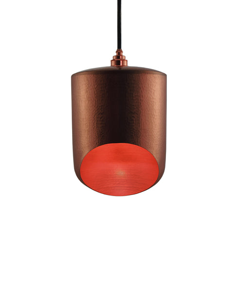 Modern hand made small cylinder shaped copper pendant lamp in polished copper finish