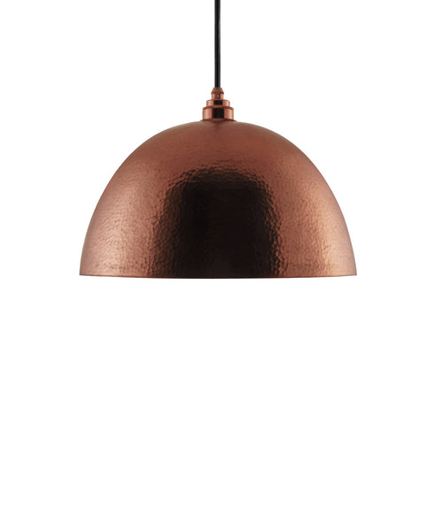 Modern hemisphere shaped hand made copper pendant lamp with a contemporary polished copper finish
