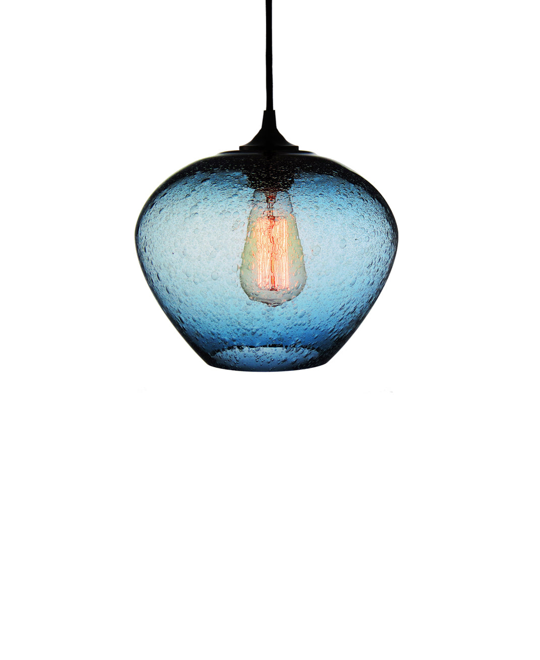 rounded hand blown glass pendant lamp in steel blue