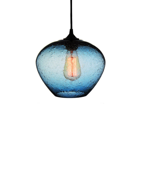 rounded hand blown glass pendant lamp in steel blue