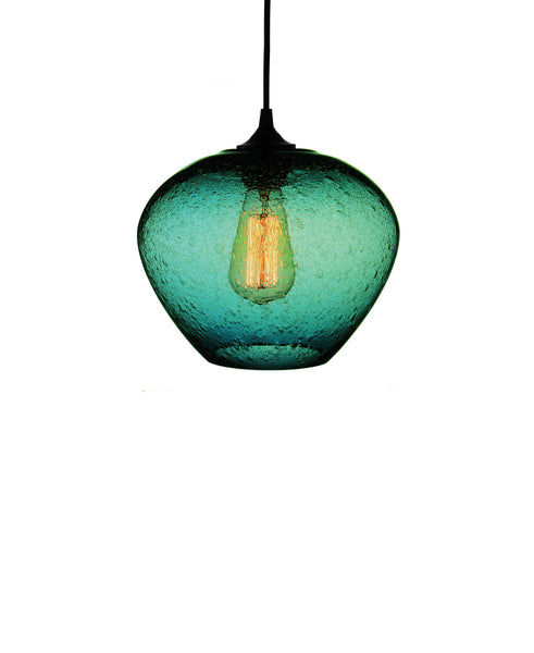 rounded hand blown glass pendant lamp in tranquil turquoise