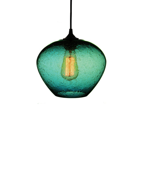 rounded hand blown glass pendant lamp in tranquil turquoise