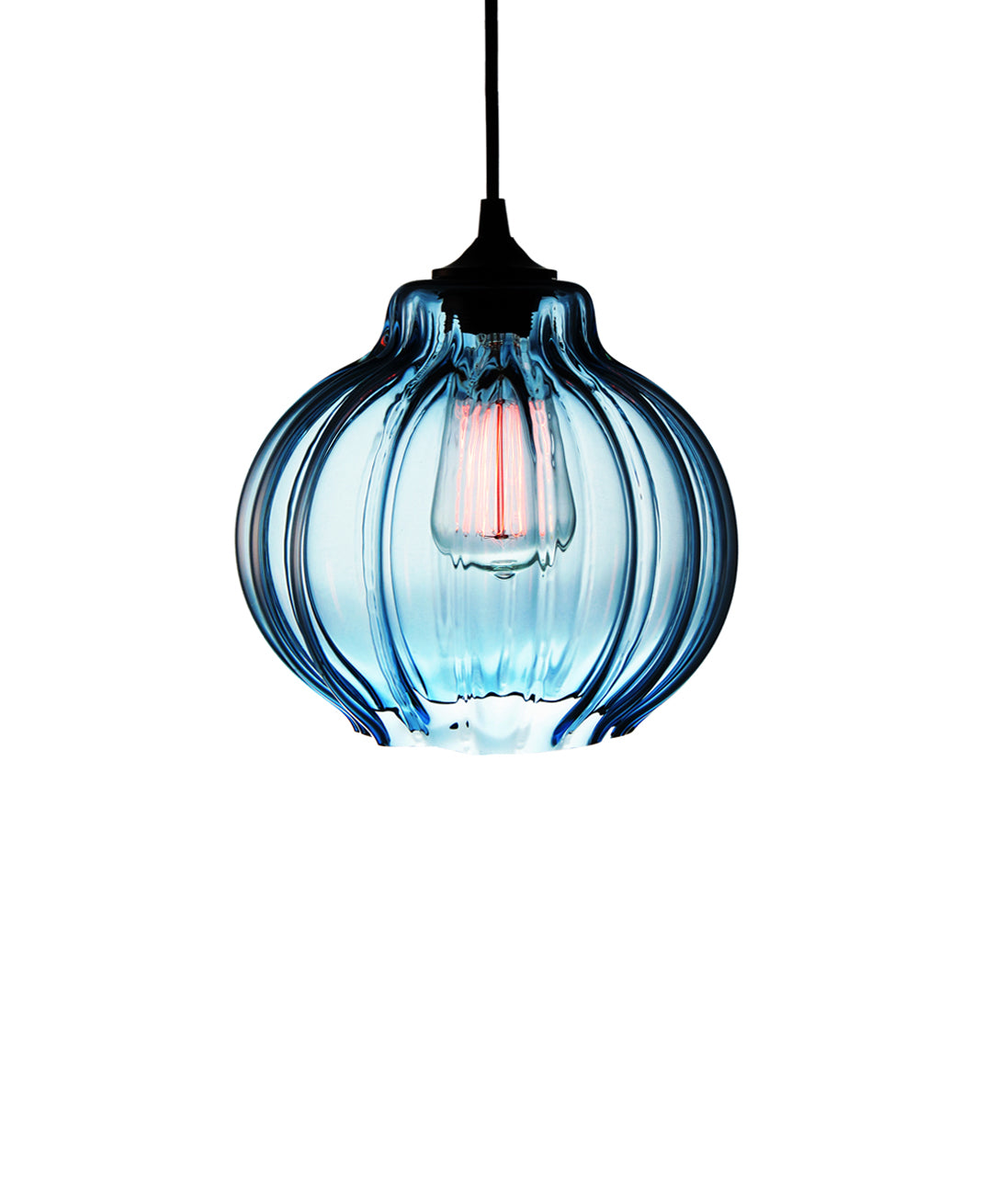 Ribbed handblown modern glass pendant lamp in luscious sea blue