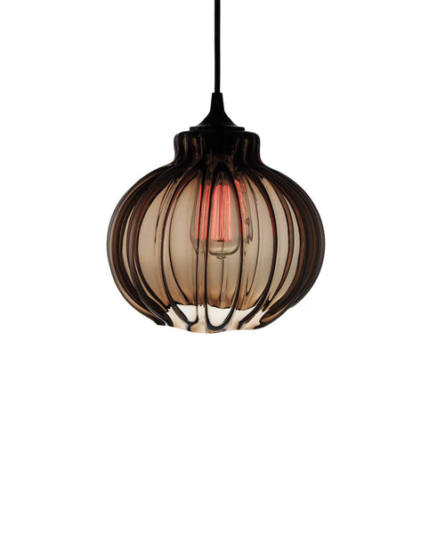 Ribbed handblown modern glass pendant lamp in luscious warm brown