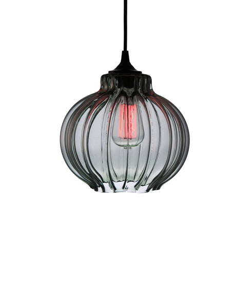 Ribbed handblown modern glass pendant lamp in luscious smoke gray