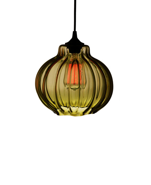 Ribbed handblown modern glass pendant lamp in luscious warm olive