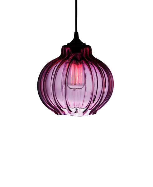 Ribbed handblown modern glass pendant lamp in luscious sophisticated amethyst
