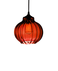 Ribbed handblown modern glass pendant lamp in luscious ruby red