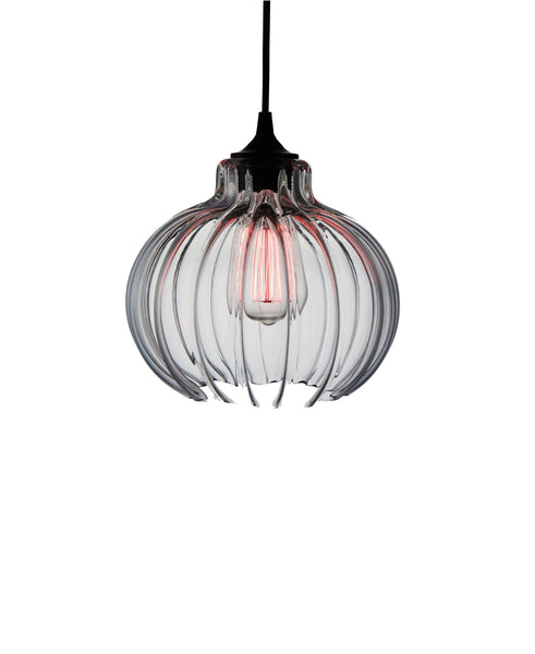 Ribbed handblown modern glass pendant lamp in seductive transparent glass