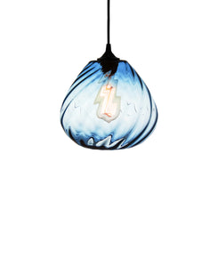 Patterned contemporary hand blown glass pendant lamp in sea blue