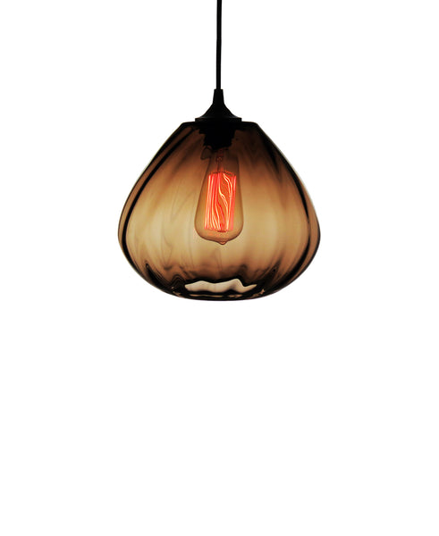 Patterned contemporary hand blown glass pendant lamp in rich warm brown